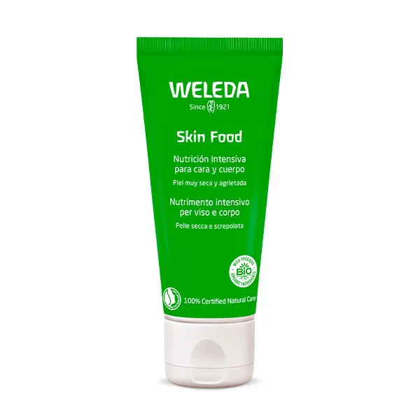 La Crema Skin Food Cara y Cuerpo de Weleda proporciona un efecto reparador intensivo, para la piel seca, agrietada o irritada.