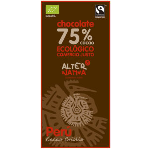 chocolate 75% de cacao de comercio justo y ecológico